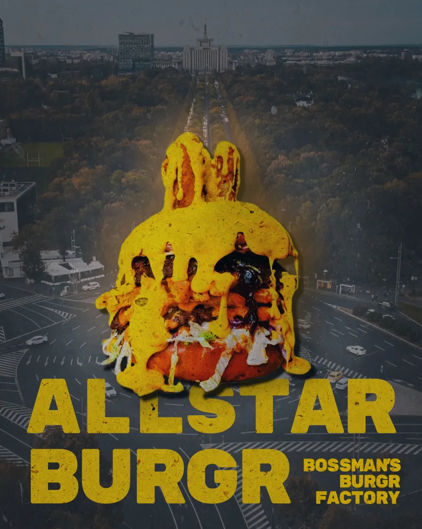 Poster All Star Burgr — Compoziție urbană și city branding pentru locații din București