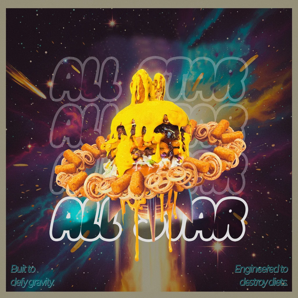 All Star Burgr — Poster final cu vibe interstelar și energie vizuală